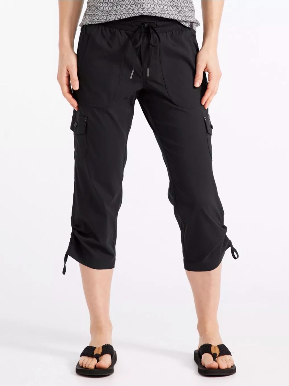 L.L. Bean Black Women's Vista Camp Pants, Cargo Capris with Drawstring L, 14/16